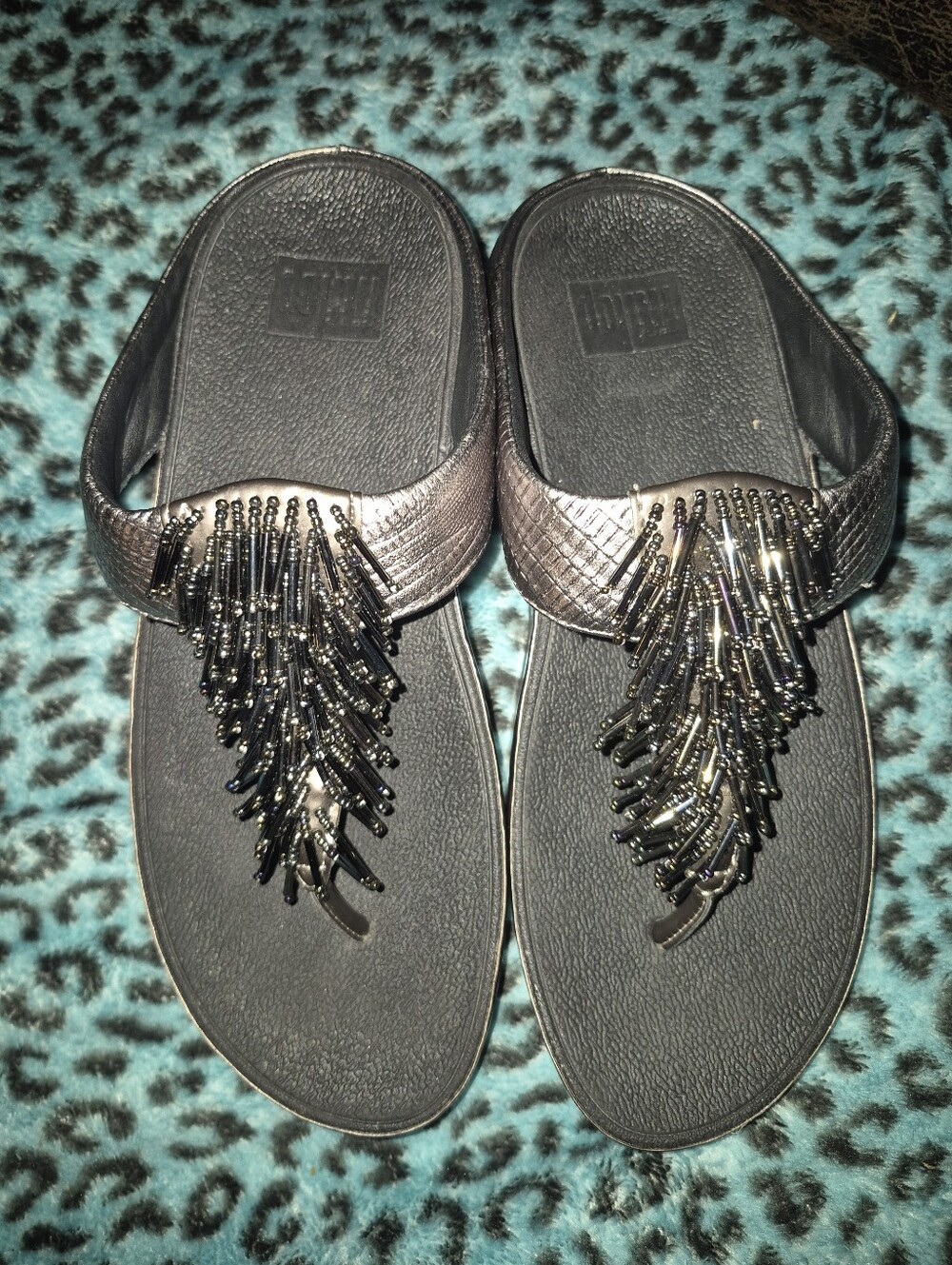 FitFlop Cha Cha nimbus silver metallic leather fringe beaded wedge thong sandals